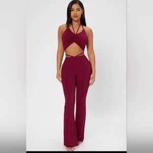 SHEIN 2PC Burgundy Raspberry Wine Tie Halter Top & Flare Pants Set